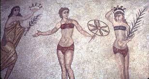 4th century AD mosaic from Villa del Casale Scicily of female athletes receving victory awards